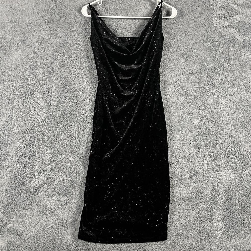 IRIS Bodycon Dress Womens Medium Black Glitter Shimmer Velvet Cowl Neck Clubwear